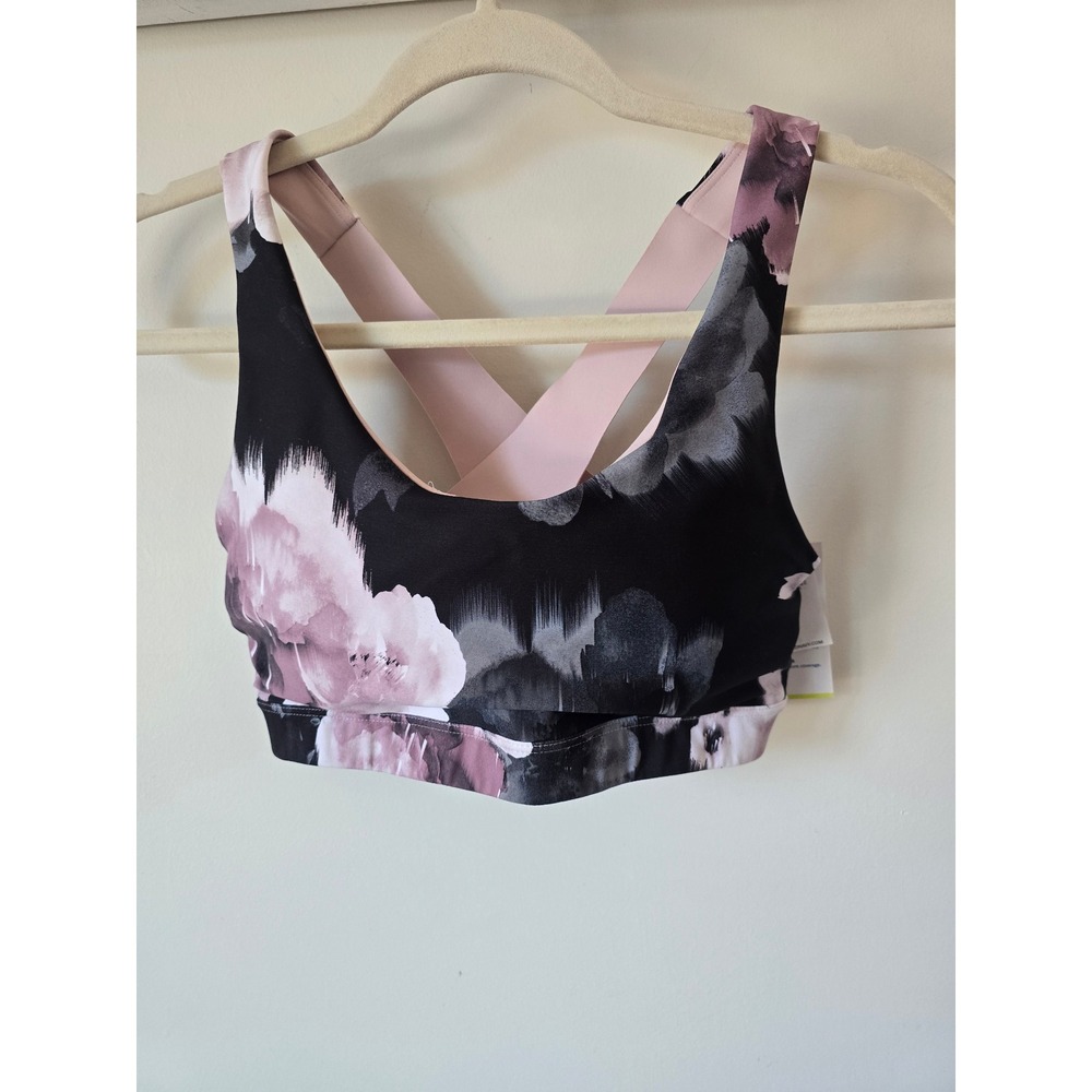 Old Navy Active Powersoft Floral Sports Bra Pink Black Criss Cross Back M NEW